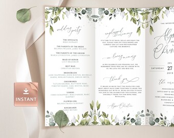 REESE - Trifold Wedding Programs with Eucalyptus, Folded Boho Ceremony Template, Rustic Greenery Folded Card, Editable Order Of Service