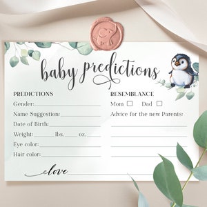CARUSO - Penguin Baby-voorspellingskaart, babyshowerspel, babyvoorspellingsspel, genderneutrale afdrukbare sjabloon, bewerkbare personaliseerbare