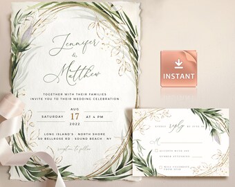 Sage Green Wedding Invitation Template – Watercolor Greenery (Instant Download)