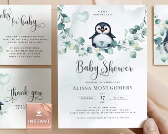 May include: A baby shower invitation with a watercolour background featuring a penguin and eucalyptus leaves. The invitation is for Alissa Montgomery and includes the date, time, and location of the shower. The text "Please join us for a Baby Shower" is written in a cursive font.