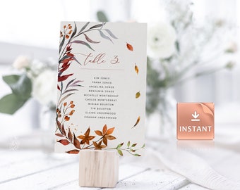 SIENNA - Burnt Orange Table Number Cards, Fall Watercolor Foliage, Editable Printable Template, Wedding Table Number Card, Autumn Cards