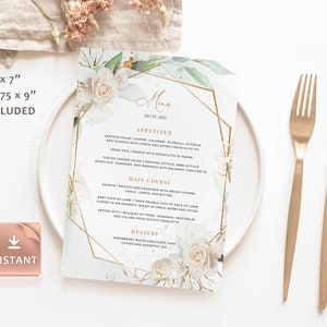 MARCI - Cartão de menu para impressão de rosas brancas, menus de casamento com vegetação, modelo personalizável editável para impressão, menu de chá de panela, brunch e jantar