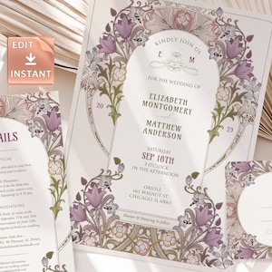 Victorian Lavender Wedding Invitation Template by William Morris Vintage Art Nouveau Classic Editable Customizable Retro Invite 20th Theme