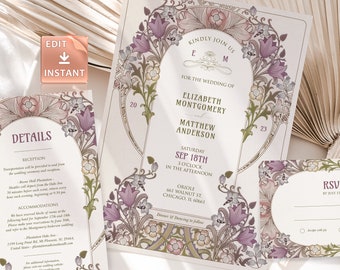 Victorian Lavender Wedding Invitation Template by William Morris Vintage Art Nouveau Classic Editable Customizable Retro Invite 20th Theme