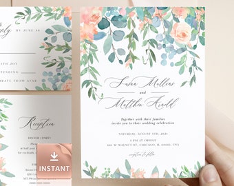 Blush Greenery Wedding Invitation Template: Boho Floral Invite Bundle (Digital Download)