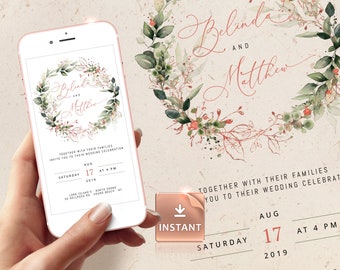 LUMI - Rosegold Wedding Invite By Mail, Evite Template, Digital Invitation, Electronic Invitation, Customizable, Editable, Instant Download
