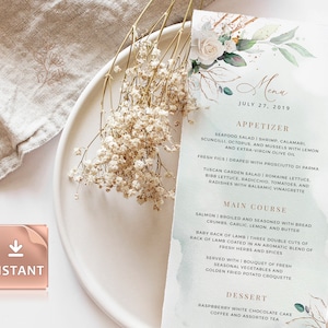 MARCI - Scheda menu stampabile con rose bianche, menu di nozze nel verde, modello stampabile modificabile personalizzabile, menu addio al nubilato brunch cena