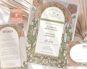 Mucha Art Nouveau Wedding Invitation Template: Poppy Editable Invite