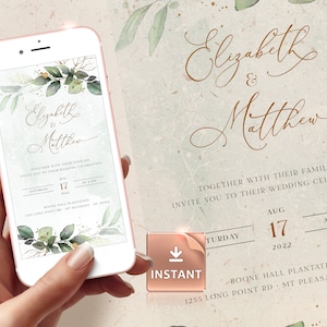 CLEO iPhone Wedding Evite Template, Smartphone Electronic Invitation, Greenery Digital Invite, Mobile Invitation Editable Instant Download image 1