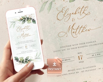 CLEO - Iphone Wedding Evite Template, Smartphone Electronic Invitation, Greenery Digital Invite, Mobile Invitation Editable Instant Download