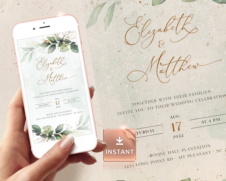 CLEO iPhone Wedding Evite Template, Smartphone Electronic Invitation, Greenery Digital Invite, Mobile Invitation Editable Instant Download image 1