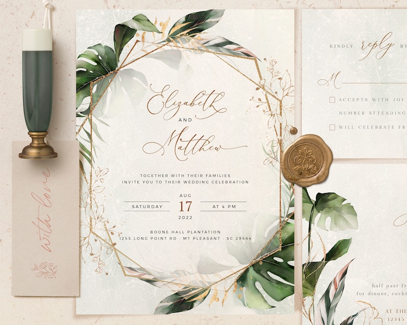 Tropical Wedding Invitation Template, Tropical Wedding Invite Kit, Greenery Invitations, Botanical Editable Ceremony Invites, Instant Edit image 10