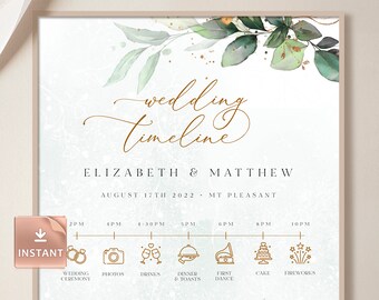 Watercolor Wedding Timeline Sign: Customizable Greenery (Editable Template)