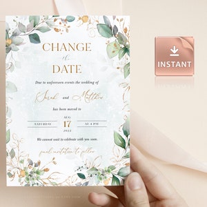 CLEO - Wijzig alstublieft de afdrukbare datumkaart, Boho Greenery met eucalyptus en goud, INSTANT DOWNLOAD, afdrukbare, bewerkbare sjabloon
