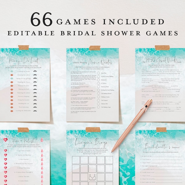 66 BEACH Bridal Shower Games, Printable Bridal Shower Games, Tropical Wedding Shower Games, Water, Turquoise, Sunny, Bright, Modern, Fun