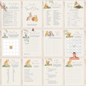 May include: A set of Winnie the Pooh themed baby shower games. The games include Baby Bingo, Baby Animal Match, Baby Guess the Song, Baby Traditions, Baby Rhyme Quiz, Baby Bucket List, Baby Guess the Price, Baby Where Was She, and Find the Guest Bingo. The games are printed on a beige background with illustrations of Winnie the Pooh and his friends.