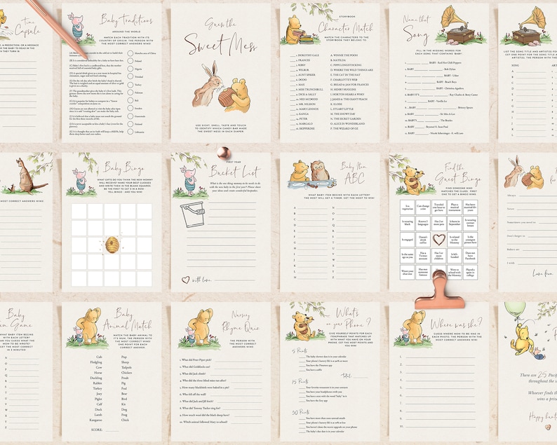 May include: A set of Winnie the Pooh themed baby shower games. The games include Baby Bingo, Baby Animal Match, Baby Guess the Song, Baby Traditions, Baby Rhyme Quiz, Baby Bucket List, Baby Guess the Price, Baby Where Was She, and Find the Guest Bingo. The games are printed on a beige background with illustrations of Winnie the Pooh and his friends.