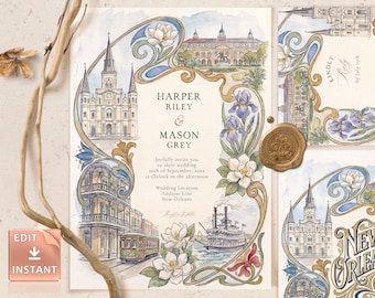 Puede incluir: Un conjunto de invitaciones de boda con ilustraciones en acuarela de monumentos de Nueva Orleans, incluyendo una catedral, un tranvía y un barco de vapor, enmarcados por flores de magnolia e iris. El texto dice Harper Riley y Mason Grey.
