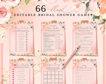 66 Blush Bridal Shower Games, Editable Bridal Shower Games Bundle, Instant Download, Wedding Shower Games, Printable, Pink Bridal Party