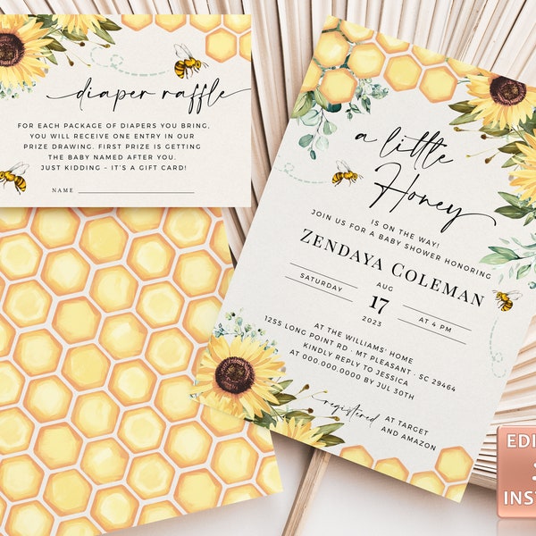 Sunflower Bee A Little Honey Baby Editable Shower Invitation Gender Neutral Baby Instant Download Hive Invite Printable Template Bumble Bee