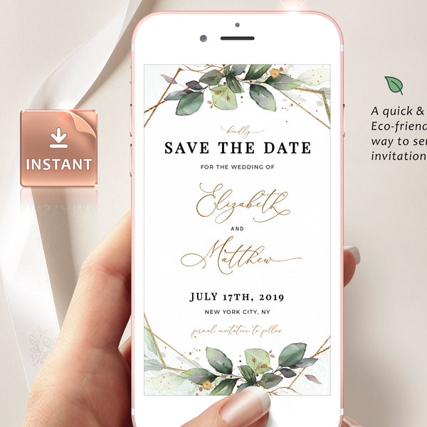 CLEO - Boho Save the Date Evite, Smartphone Electronic Invitation, Greenery Digital Template, Save Our Date Evite, Editable Instant Download