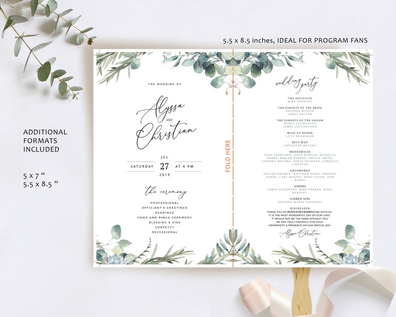 MARI Trifold Wedding Programs with Eucalyptus, Folded Boho Ceremony Template, Rustic Rosemary Greenery Download, Editable Order Of Service image 5