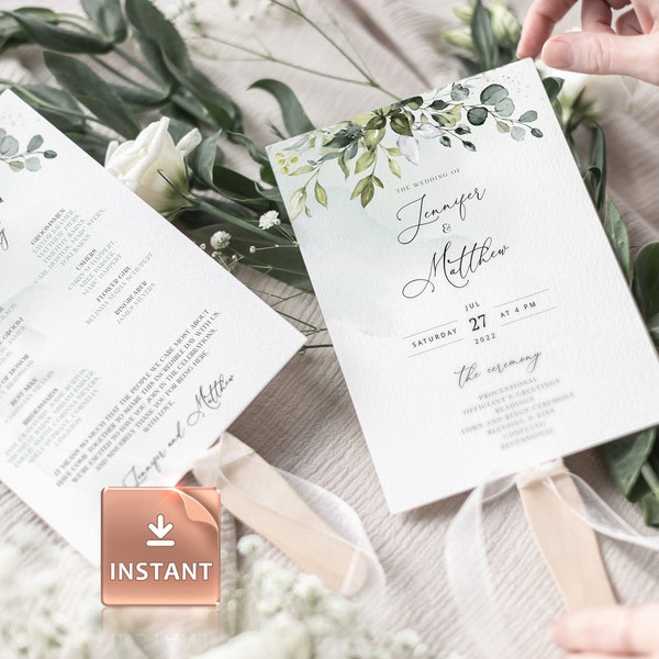 REESE - Greenery Wedding Program Fan Template, Editable Download, Printable Ceremony Fan, DIY Program Fan Template, Order of Service