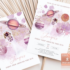 Pink Outer Space First Birthday Invitation Editable Galaxy Blast Off First Trip Around the Sun Download Printable Template Digital One Girls