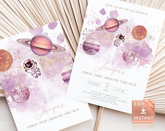 Pink Galaxy First Birthday Invitation: Outer Space Theme (Digital Download)