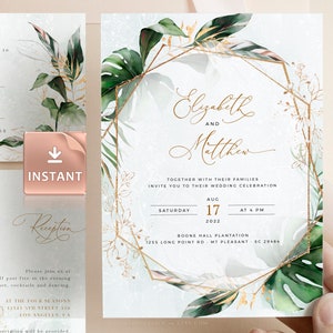 Tropical Wedding Invitation Template, Tropical Wedding Invite Kit, Greenery Invitations, Botanical Editable Ceremony Invites, Instant Edit image 1