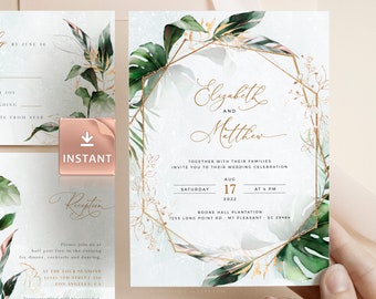 Tropical Wedding Invitation Kit: Greenery, Gold (Instant Edit)