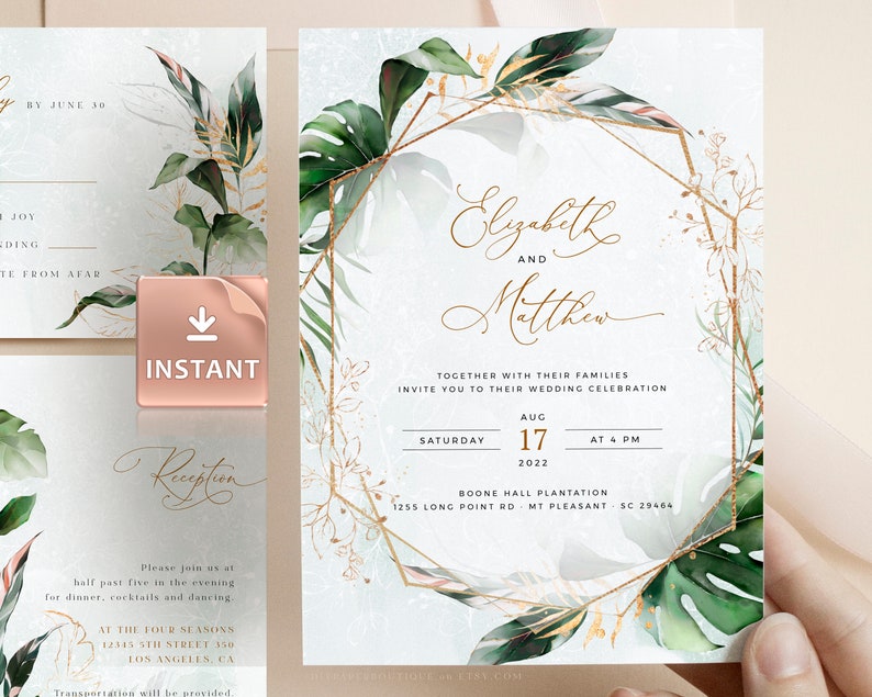 Tropical Wedding Invitation Template, Tropical Wedding Invite Kit, Greenery Invitations, Botanical Editable Ceremony Invites, Instant Edit image 1