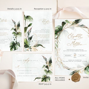 Tropical Wedding Invitation Template, Tropical Wedding Invite Kit, Greenery Invitations, Botanical Editable Ceremony Invites, Instant Edit image 7