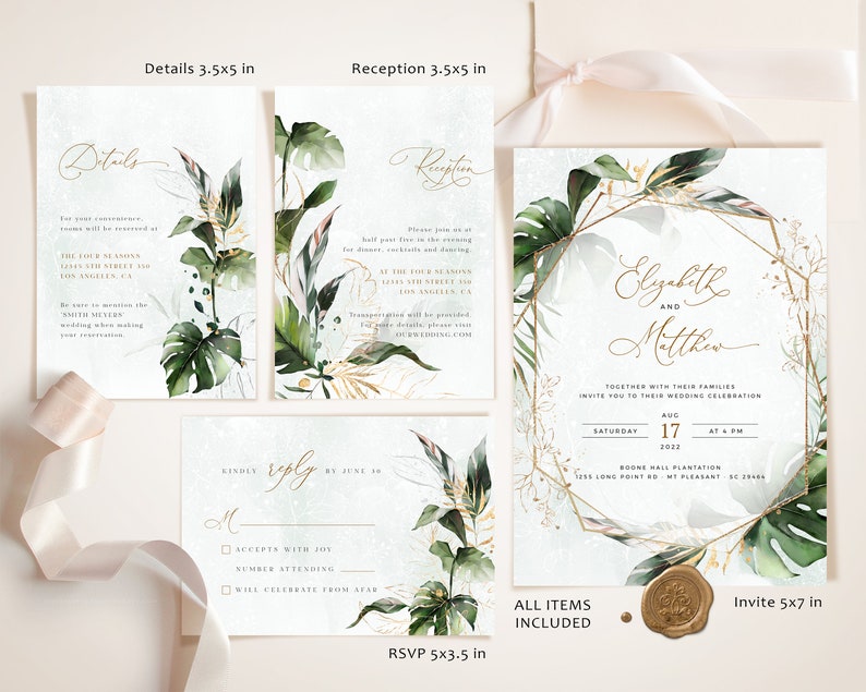 Tropical Wedding Invitation Template, Tropical Wedding Invite Kit, Greenery Invitations, Botanical Editable Ceremony Invites, Instant Edit image 7