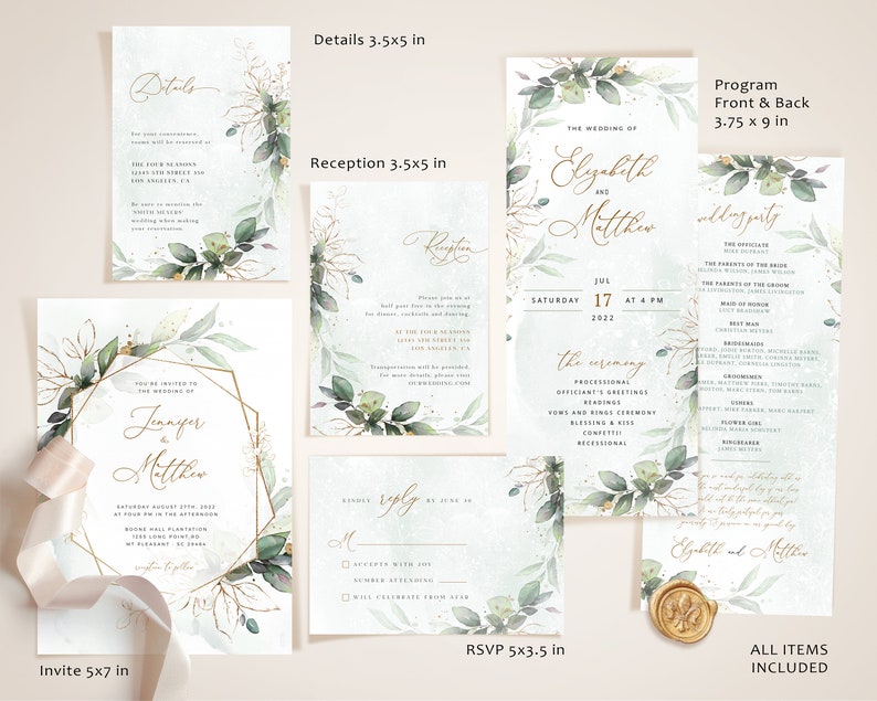 Wedding Template Collection Gold Geometric, Boho Wedding Invite Kit, Wedding Invitation Set, Invitation Template Bundle, Modern Invites CLEO image 5