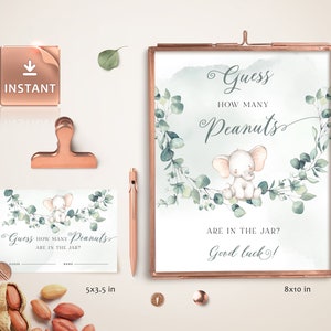GIOIA - Indovina quanti segni e biglietti di arachidi, segno di eucalipto elefante, indovinare arachidi, modello modificabile, modifica e scarica, segni di baby shower