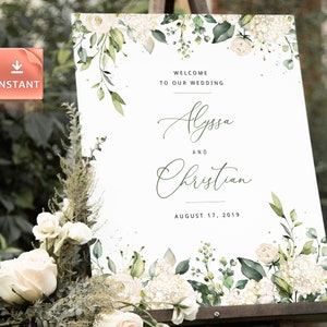 NEVE - White Roses Greenery Wedding Welcome Sign, Custom Welcome to our Wedding Sign Template Large Porch Welcome, Boho Printable Signage