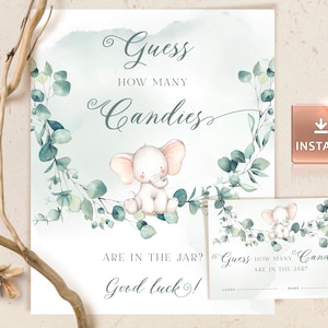 GIOIA - Indovina quante caramelle segno e carta, segno di eucalipto elefante, caramelle di arachidi, modello modificabile, download istantaneo, segni di baby shower