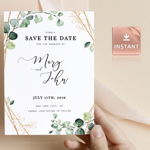 ELISA - Printable Save the Date Karte, Boho FAUX Gold Greenery mit Eukalyptus, Sofort Download, druckbar, bearbeitbare Hochzeitsvorlage