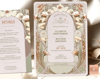 Hochzeitseinladungsvorlage Calla Lilie Vintage Jugendstil von Mucha Klassisch Bearbeitbar Anpassbar Retro Invite Art Deco Grüne Lilie Theme