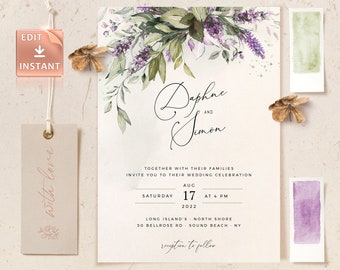 Lavender Wedding Invitation Template: Purple Watercolor Greenery (Instant Download)