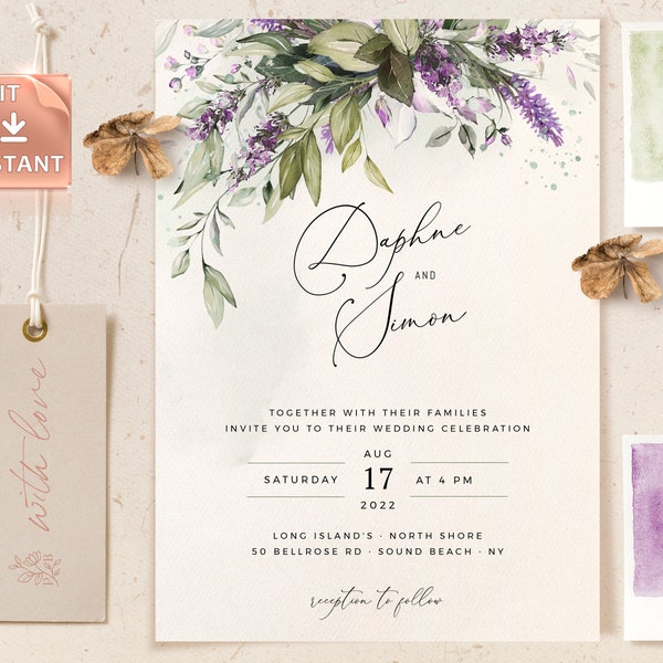 LAMI - Lavender Wedding Invitation Template, Purple Watercolor Greenery Wedding Invite, Blueish Wedding Template Suite, Instant Download