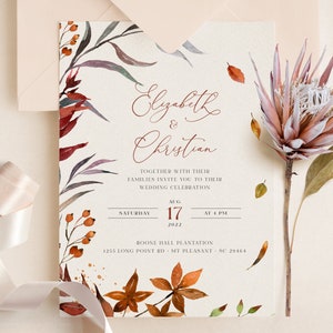 SIENNA - Modèle d'invitation de mariage d'automne rustique, feuilles d'automne et verdure, Télécharger l'invitation modifiable, Mariage imprimable