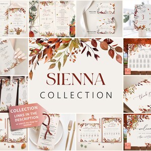 May include: A collection of printable wedding stationery featuring a watercolor design with fall leaves in shades of orange, red, and brown. The collection includes a save the date card, invitation, menu, table numbers, seating chart, thank you card, and welcome sign. The text "SIENNA COLLECTION" is displayed in a burgundy font.