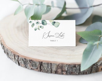 LAILA - Eucalyptus Wedding Place Cards +AVERY Tent Fold, Watercolor Greenery Leaves, Flat and Tent Folded, Instant Editable Seating Template