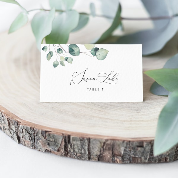 LAILA - Eucalyptus Wedding Place Cards +AVERY Tent Fold, Watercolor Greenery Leaves, Flat and Tent Folded, Instant Editable Seating Template