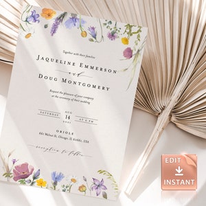 Wildblumen Hochzeitseinladung, Boho Floral Invite Vorlagen, Elegante Flower Power Einladungen, bearbeitbare Templett Vorlage, DIY Printable