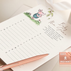 May include: A printable baby shower game with a pink pig illustration. The game asks guests to guess what baby item starts with each letter of the alphabet. The text reads "New Baby Game. What baby item begins with each letter? Can you guess what the mom-to-be wrote? Get the most correct in 3 minutes!"