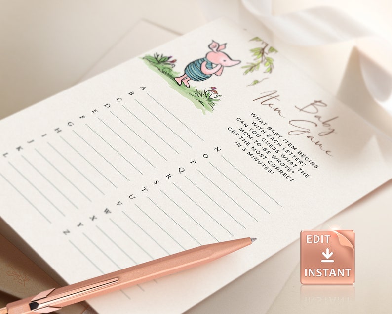 May include: A printable baby shower game with a pink pig illustration. The game asks guests to guess what baby item starts with each letter of the alphabet. The text reads "New Baby Game. What baby item begins with each letter? Can you guess what the mom-to-be wrote? Get the most correct in 3 minutes!"
