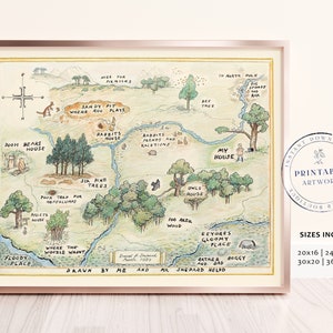 Mappa del Bosco dei 100 Acri - Mappa classica di Winnie-the-Pooh stampabile, per baby shower, feste di compleanno, centrotavola per la cameretta dei bambini, con gufo, coniglio e maialino